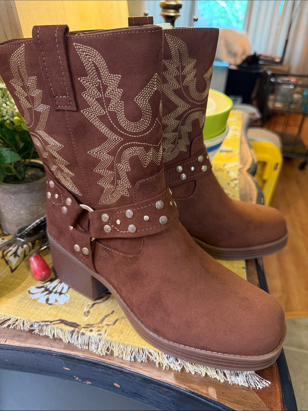 Women's Brown Suede Western-Style Ankle Boots with Studded Strap